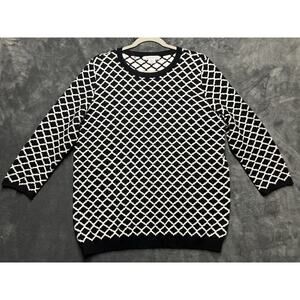 Liz Claiborne Sweater Woman’s XL Tall Black White Jacquard Lattice Pattern Chic